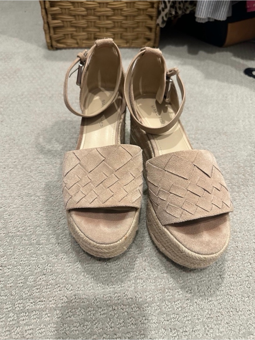 Marc Fisher Woven Suede Platform Espadrille Sandals in Beige